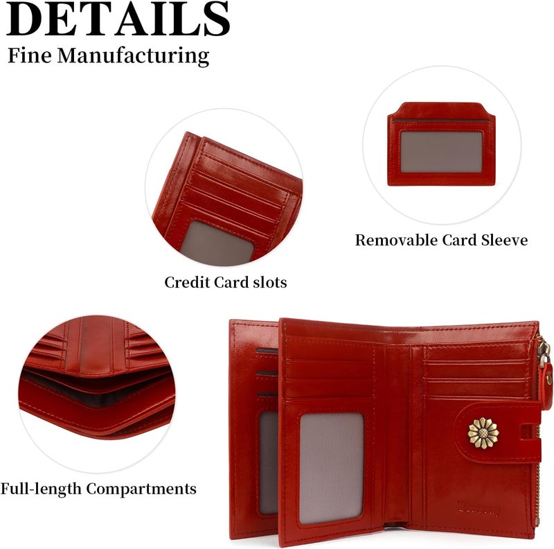 Blucoay Leather Wallet Women,RFID Blocking Womens Wallet Bifold Compact Card Holder Small Wallet for Women with Removable ID Window Winered - Image 4